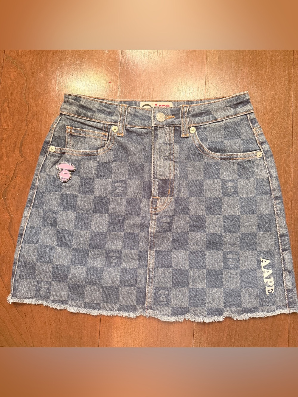 AAPE By A Bathing Ape Checkered Denim Mini Skirt Logo Raw Hem Size 160 64Y
